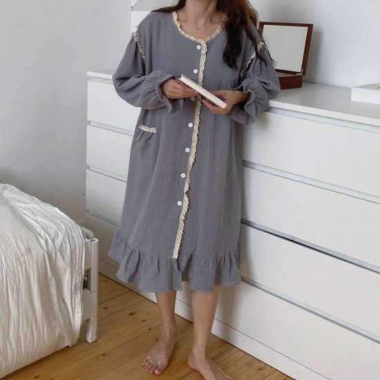ルームウェア ネグリジェ フリル レディース かわいい 部屋着 パジャマ レディース ワンピース ロング丈 ルームウェア ネグリジェ 長袖 ボタン 楽 おしゃれ ルームウェア ネグリジェ フリル