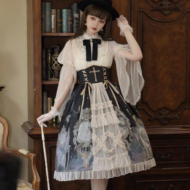 迅速な出荷 お姫系ロリータ服 ゴスロリ ロリータファッション 姫袖 立ち襟 ブラウス 裾フリル ハイウエストスカート ロリータ洋服 高級 甘ロリ レトロ lolita 衣装 レース リボン 袖スリット