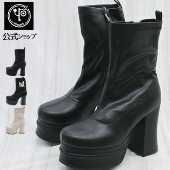 【公式SHOP特典キズ補修液付】 ヨースケ 厚底ブーツ ストレッチブーツ レディース ミドル丈 ハーフ 10.5cm 厚底ヒール
