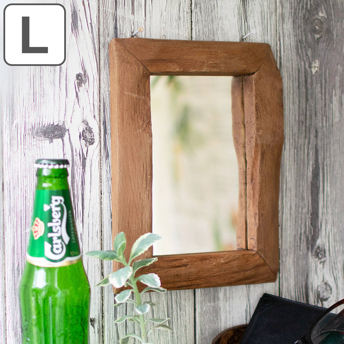 ミラー 幅33cm 廃材 ウッドミラー 木製 鏡 壁掛 Lサイズ ウッドフレーム 天然素材 古材 リビング インテリア アンティーク風