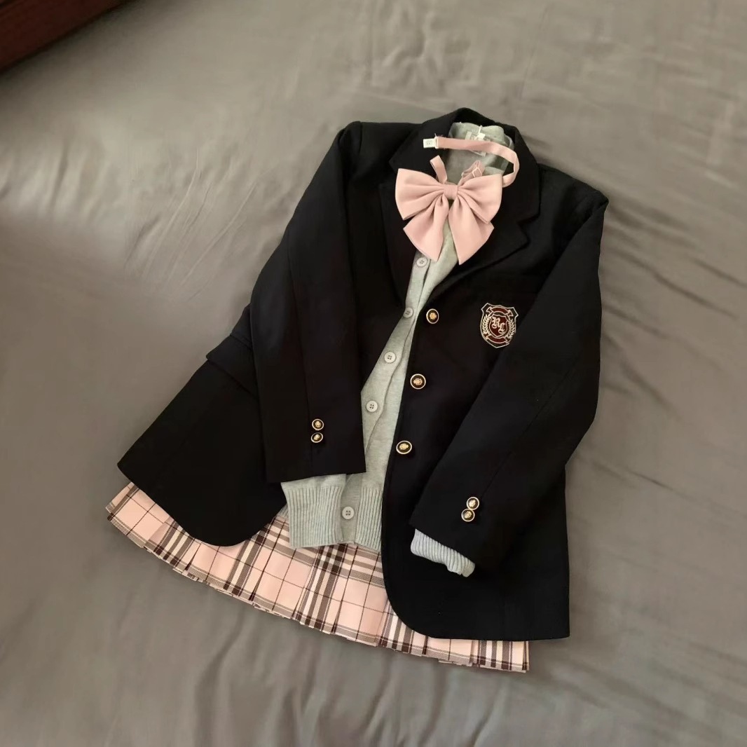 韓系学院風JK制服ゆったりニットカーディガンブレザーハイウエストチェックプリーツスカートスーツ女