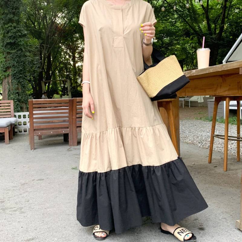 2color レディース ワンピース ロング丈 半袖 バイカラー 春夏 春 夏 秋冬 秋 冬 大人可愛い きれいめ エレガント 上品 クラシック レトロ ガーリー 大人女子 マニッシュ ルーズ モード