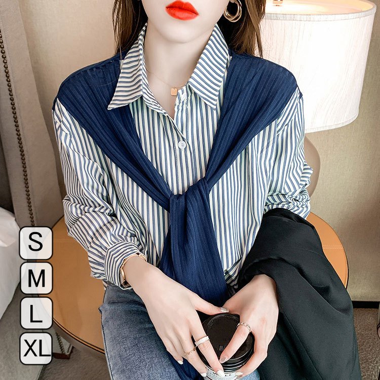 シャツ ブラウス 40代 レディース 春 新作 長袖 Vネック 通勤 韓国風 ストライプ柄 着痩せ 綿 フェイクレイヤード きれいめ 50代 30代 オシャレ OL