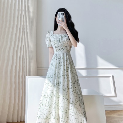 ワンピース パーティー ロング丈 ダンス衣装 パフスリーブ 半袖 スクエアネック Aライン 個性的 ハイウエスト ブラック アプリコット ホワイト 2XL 無地 花柄 春 夏 デート レディース