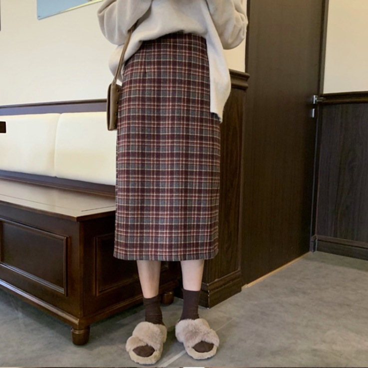 レトロ風 スカート ロング タイトスカート 膝下 ミモレ丈 マキシ丈 スリム ストレート Aライン バックスリット ウール 2XL 3XL 4XL カジュアル おしゃれ こなれ感 ガーリー 個性的