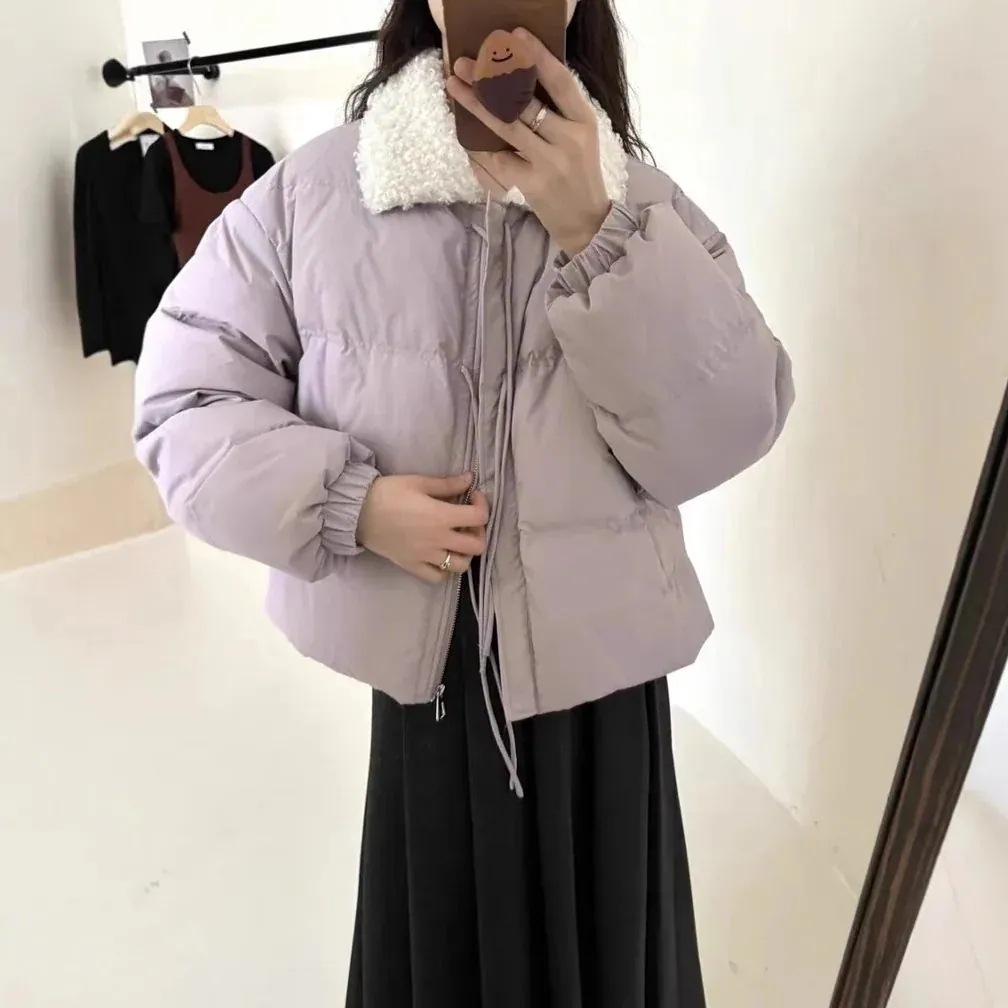 子羊の毛の短いダウンジャケットの女性24の韓国系の甘い小柄な保温白鴨のダウンジャケットの女性アウターダウンジャケットコート