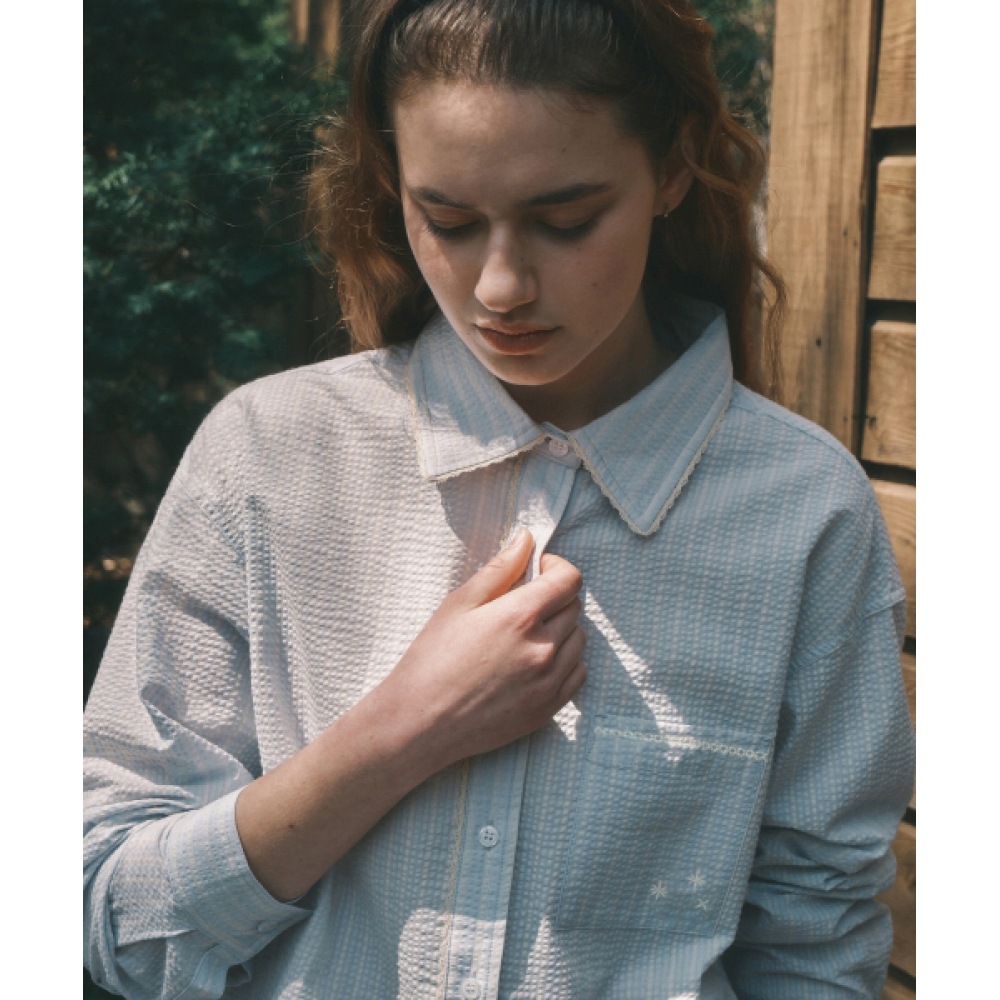 CODEGRAPHY (ウィメンズ) レースディテール 長袖シャツ_スカイブルー