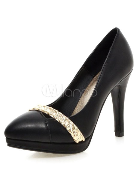 金属詳細と黒のPUポイントトゥヒール