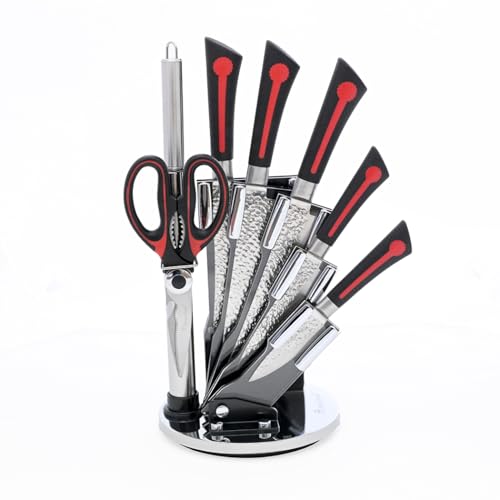 Anna Rossi 5点包丁セット 収納台付き【牛刀・菜切り・パン切り・ペティナイフ・果物ナイフ】調理用ハサミ＋研ぎ棒付き＋包丁立て付属 両刃包丁 収納台セット ステンレス鋼