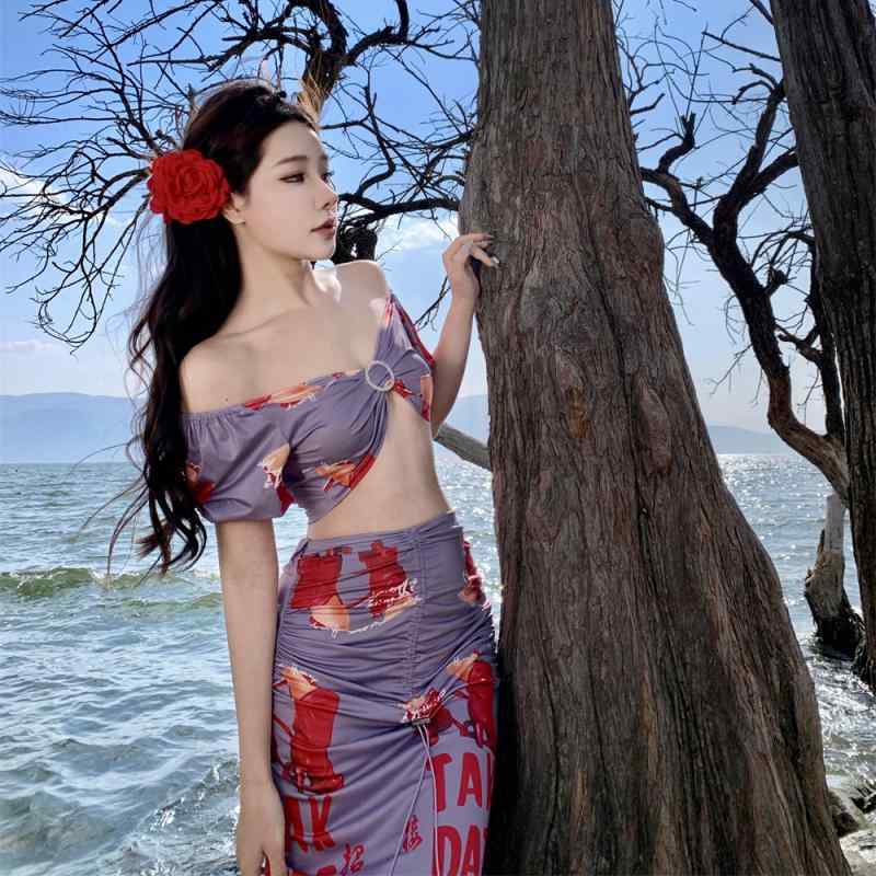 レディース リゾート ファッション ホット ガール スタイル ワンショルダー プリント セクシー スプリット 女性 海辺 バカンス 衣装 4,906円