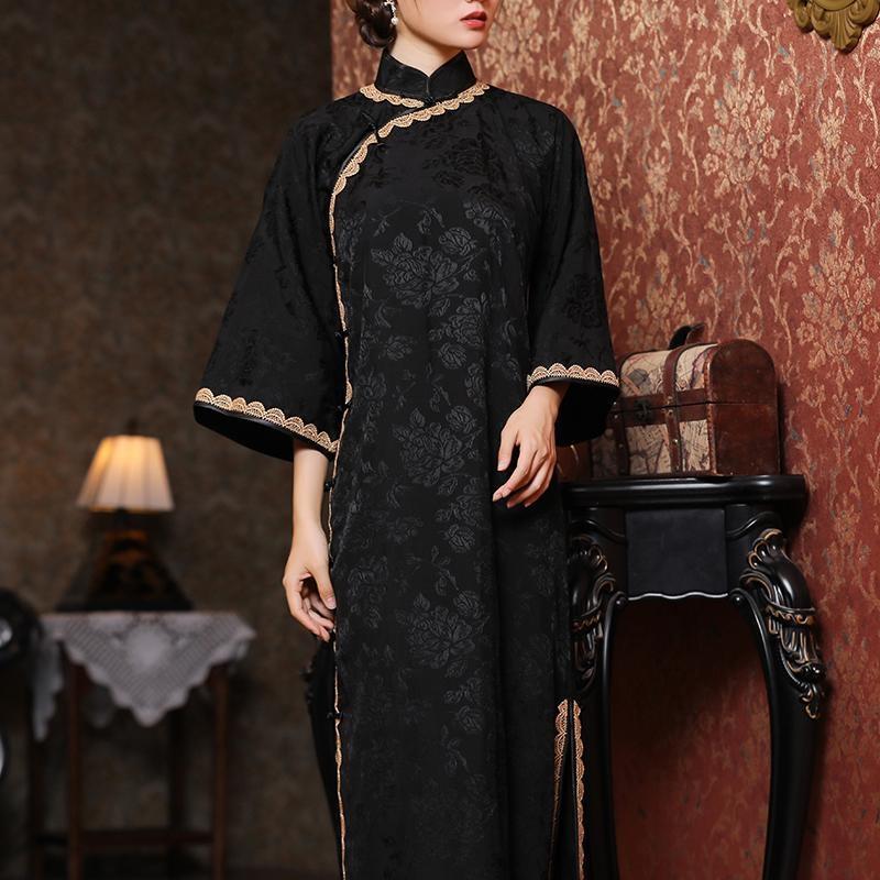 黒反転大袖チャイナドレピースフラットカットゆったり大きいサイズスリムりチャイナドレスシンプルデイリーライトインク