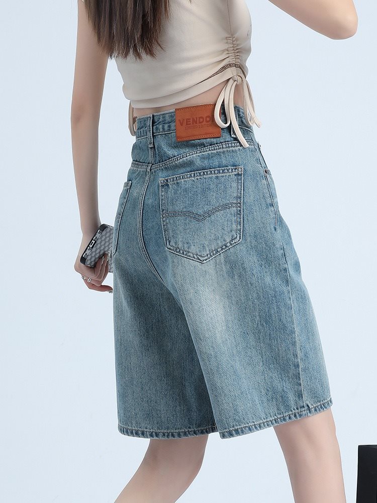 女性用デニムショートパンツ 2024夏 薄手 ハイウエスト ルーズストレート ミッドパンツ 洋梨型 体型痩せ サイクルパンツ