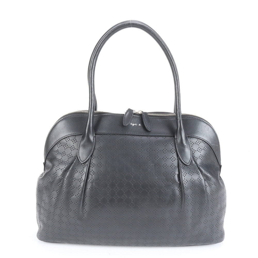 美品 パンチング レザー トート バッグ 肩掛け ショルダー ハンド 本革 ブラック 黒 ブランド レディース RRM CM4-4 中古