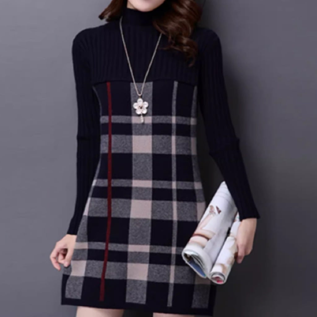レディース ワンピース ニット セーター ミディアム 長袖 ハイネック タイト スリム 細身 コンサバ 切り替えデザイン ドッキング かわいい 大人可愛い 上品 おしゃれ こなれ感 ガーリー 主役級