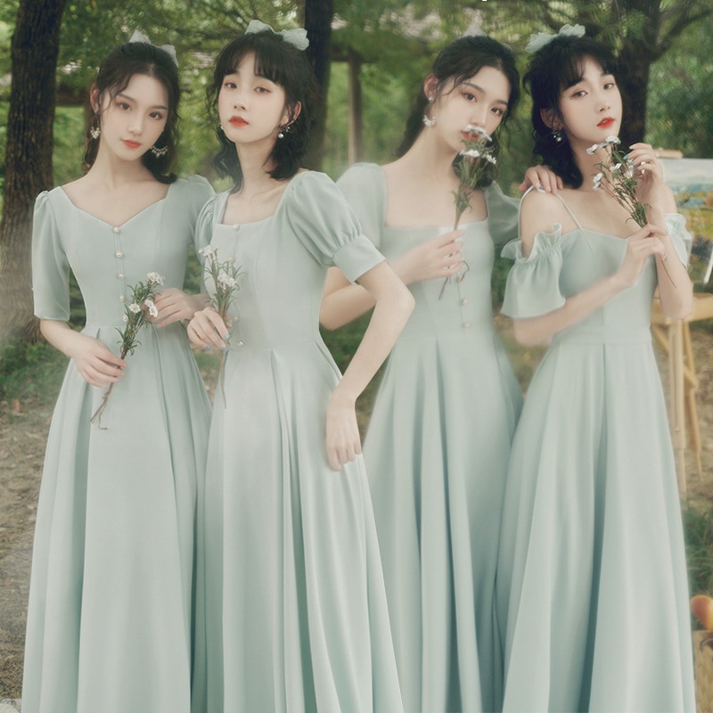 結婚式の付き添い人服緑で痩せ見え遮肉ドレス女長仙気質日常着られるワンピース