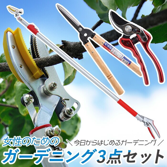 レディース園芸3点セット 3段伸縮式高枝切鋏 ショート刈込鋏 刈り込みばさみ 枝切りバサミ 刈込みば