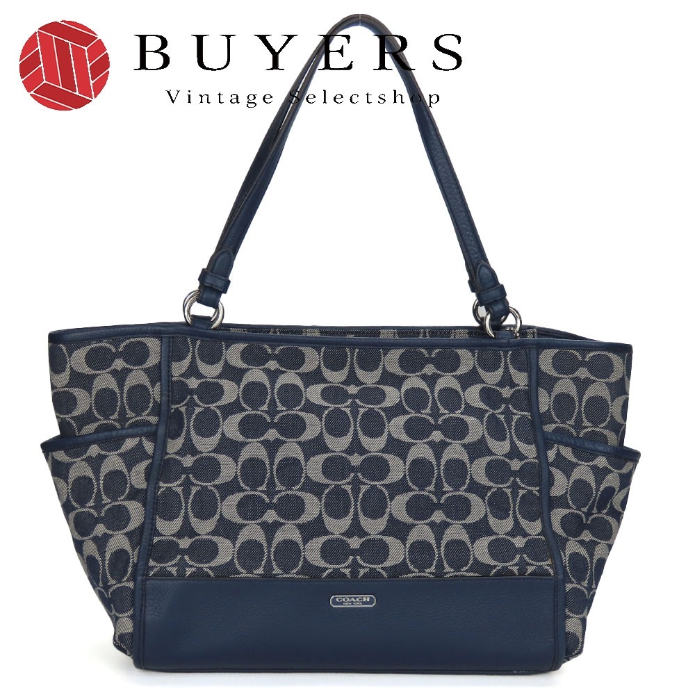 中古 トートバッグ F32622 シグネチャー キャンバス レザー ネイビー シルバー金具 肩掛け カジュアル レディース 女性