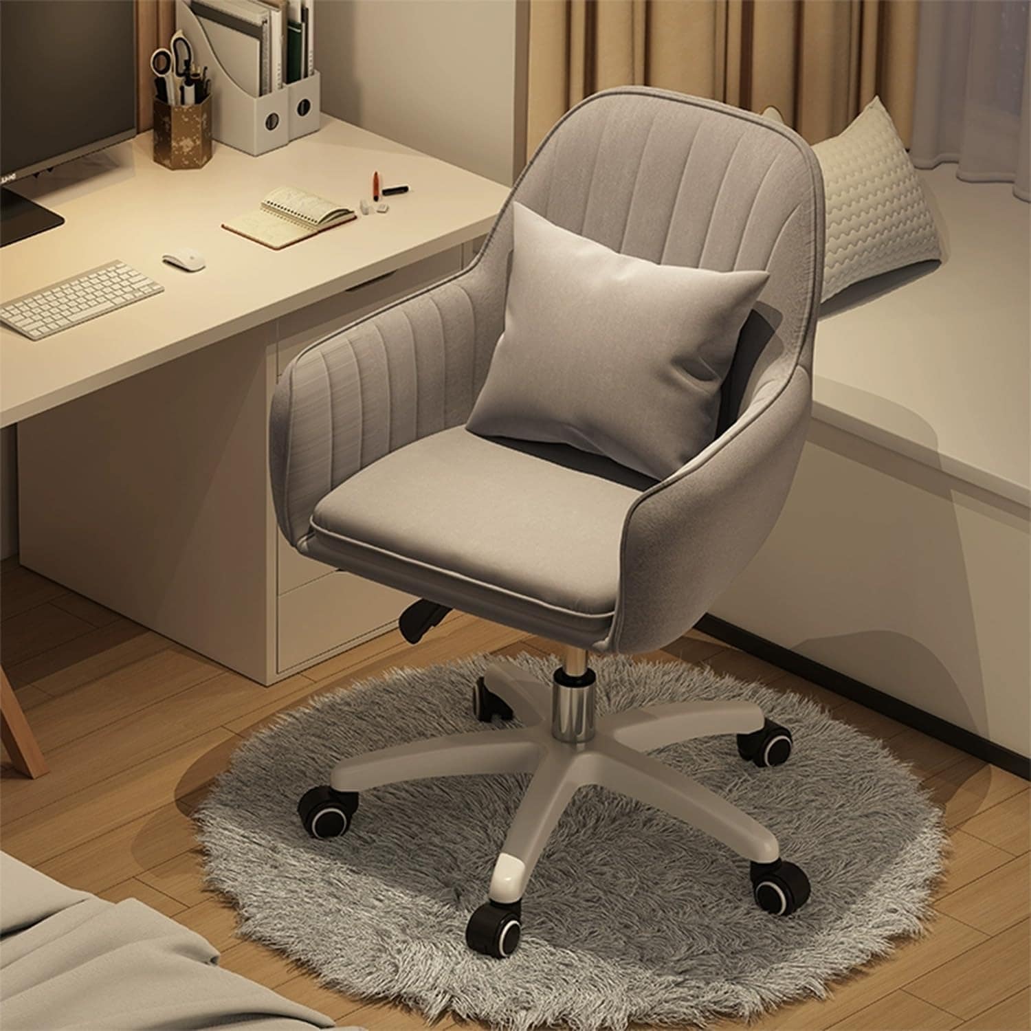 デスクチェア ベロア 可愛い おしゃれ ふわふわ キャスター付き 360度回転 昇降機能 背もたれ ドレッサーチェア メイクアップ 在宅ワーク 作業椅子 シンプル 省スペース コンパクト 組み立て式