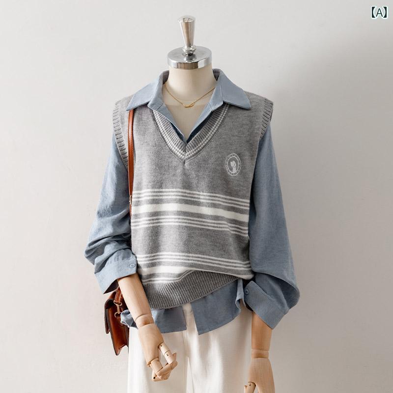 ベスト シャツ カレッジスタイル ツーピース セット 長袖シャツ レディース ストライプ ニット Vネック カジュアル ベスト 秋 レイヤード トップス