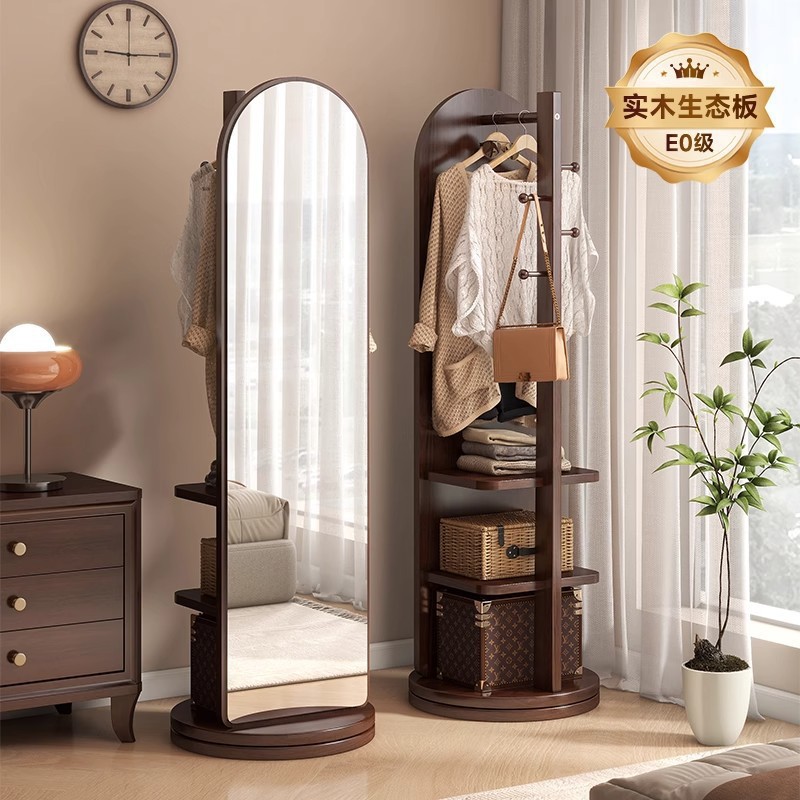 ソリッドウッドフルボディミラーアーチフロアスタンドミラー家庭用回転可能なモバイルフィッティングミラー衣類ハンガー統合ドレッシングミラー