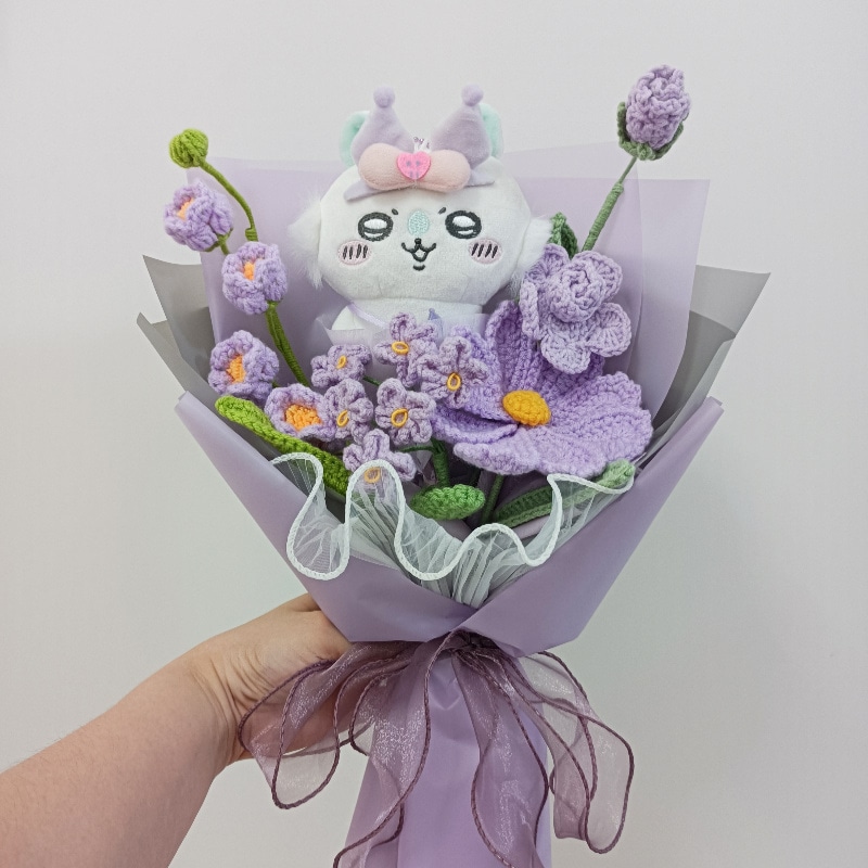 ブーケ モモンガ人形 ドールフラワー パープル ニットフラワー ウールフラワー かわいい 祝日 誕生日プレゼント