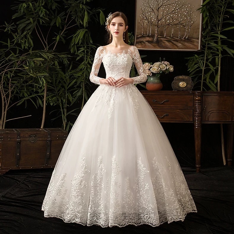 ドレス ワンピース ウェディング 結婚式 披露宴 コスプレ ロング 長袖 スクエアネック プリンセスライン フレア Aライン レース 刺繍 チュール 切り替えデザイン 可愛い きれいめ 大人可愛い