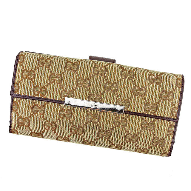 Wホック 財布 長財布 二つ折り ＧＧキャンバス ブラウン系 中古
