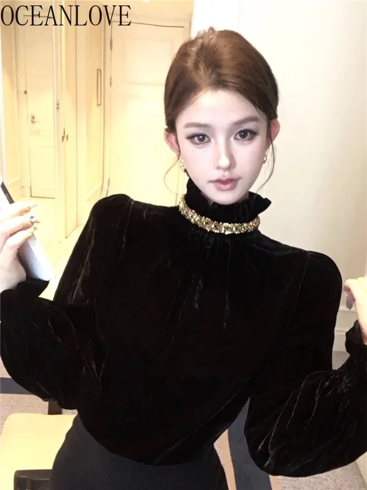 Oceanlove-女性用ベルベットブラウス,黒のフリル,韓国のファッション,レトロでエレガント,秋冬 - AliExpress 200000345