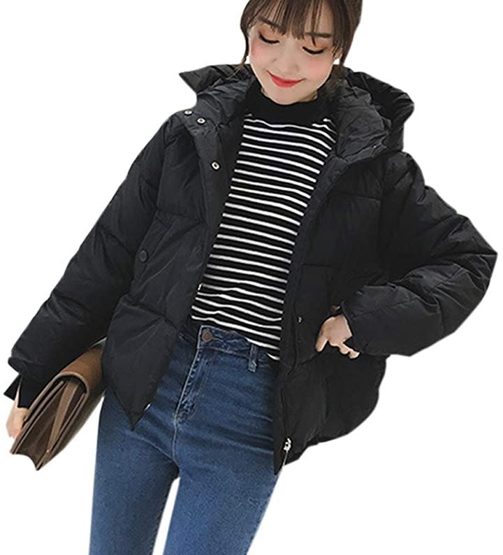 中綿 ショート コート ダウン風 フード付き アウター レディース(ブラック, M)