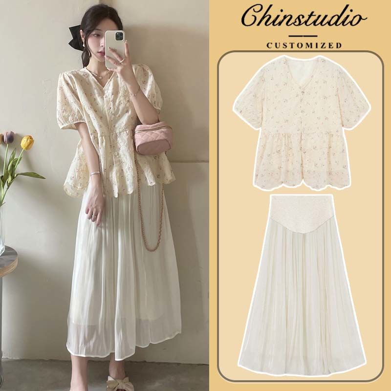 マタニティウェア ファッション 花柄半袖トップス 夏 スカート 2点セット