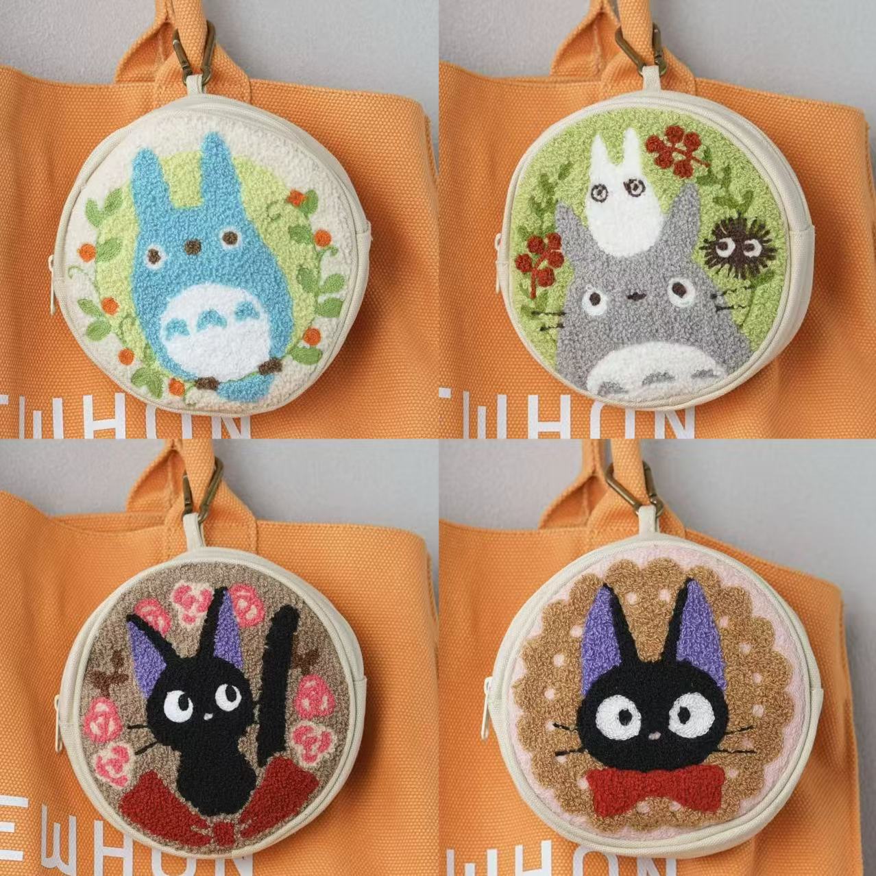 10個セット キャラクタートトロ黒猫丸型小銭入れ 可愛いぬいぐるみ刺繍化粧ポーチ チャームバッグ
