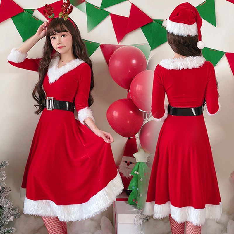 祝日おめでとうサンタコスプレクリスマスコスプレ赤ずきんレディース用ワンピースVネックサンタ仮装クリスマスコスムサンタクロース赤ずきんパーティーイベントコスプレ変装