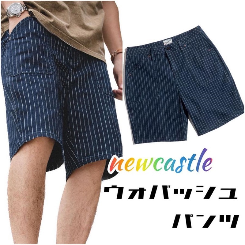 メンズ デニムハーフパンツ ショートパンツ ウォバッシュ ストライプ ボトムス ワーク ペインターパンツ アウトドア 夏　スタイリッシュ　カジュアル