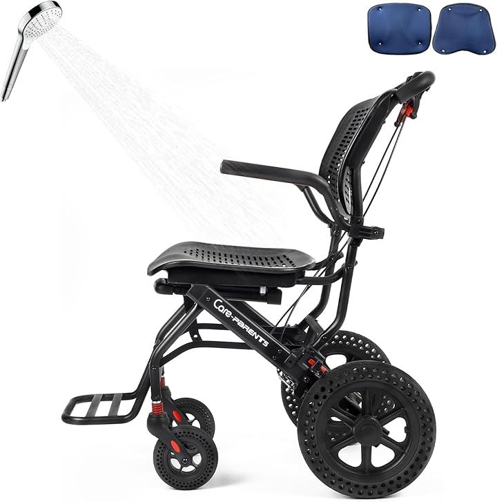 車椅子 入浴用車椅子 介助用車いす シャワーチェア アルミ製 折りたたみ式 軽量コンパクト車椅子 透気性 介助ブレーキ付き 可伸縮キャリハンドル付き 青色( 青色 CP-0903Pro)