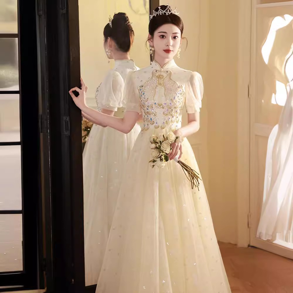 女性用ブライダルシャンパンカラーイブニングドレス2024センス芸術試験新作チャイナドレス