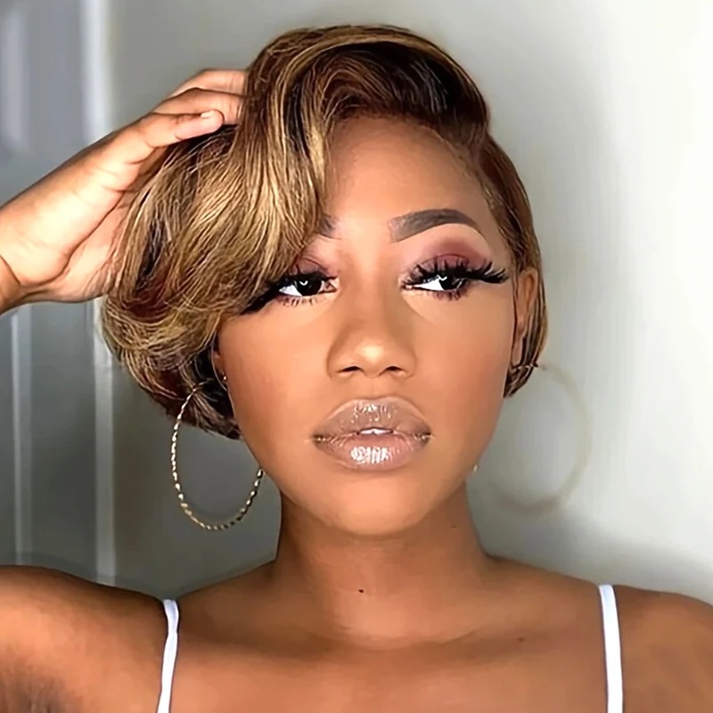 ボブカットボブウィッグ,短いピクシーカット,透明なフロントレース,人間の髪の毛,ハイライト,事前に摘み取られたヘアライン,13x4,女性用