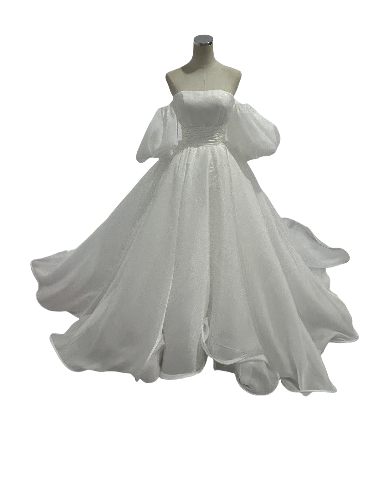 パーティードレス ベアトップ パフスリーブ 楊柳オーガンジー ロングトレーン クラシカル 披露宴