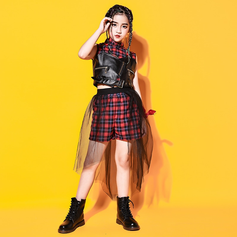 キッズ ダンス衣装 へそ出し トップス チェック柄 レースチュール セットアップ 韓国 キッズ 柄パンツ スカート ヒップホップ HIPHOP 発表会-565