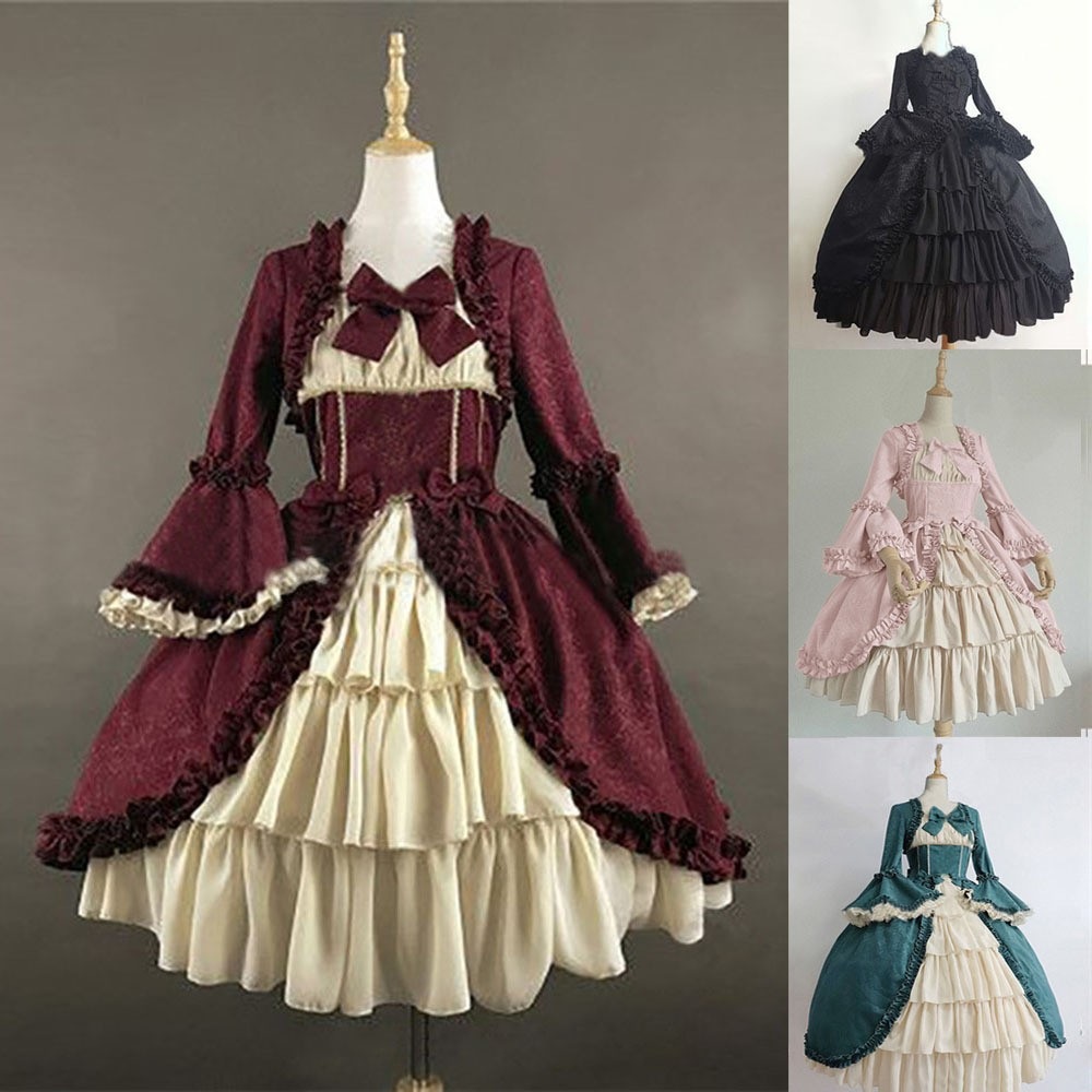 ヨーロッパとアメリカの中世のレトロなゴシック宮廷服スクエアカラーウエストスプライシング蝶ネクタイドレス 5,012円
