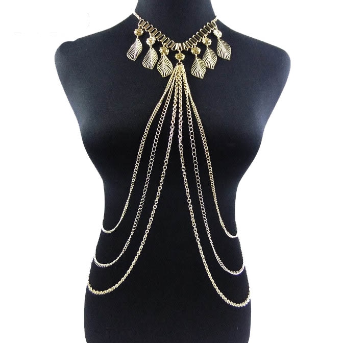 フェザーフラワーボディチェーン 花 羽根 薔薇 ローズ 鎖 ウエストチェーン ネックレス レディース