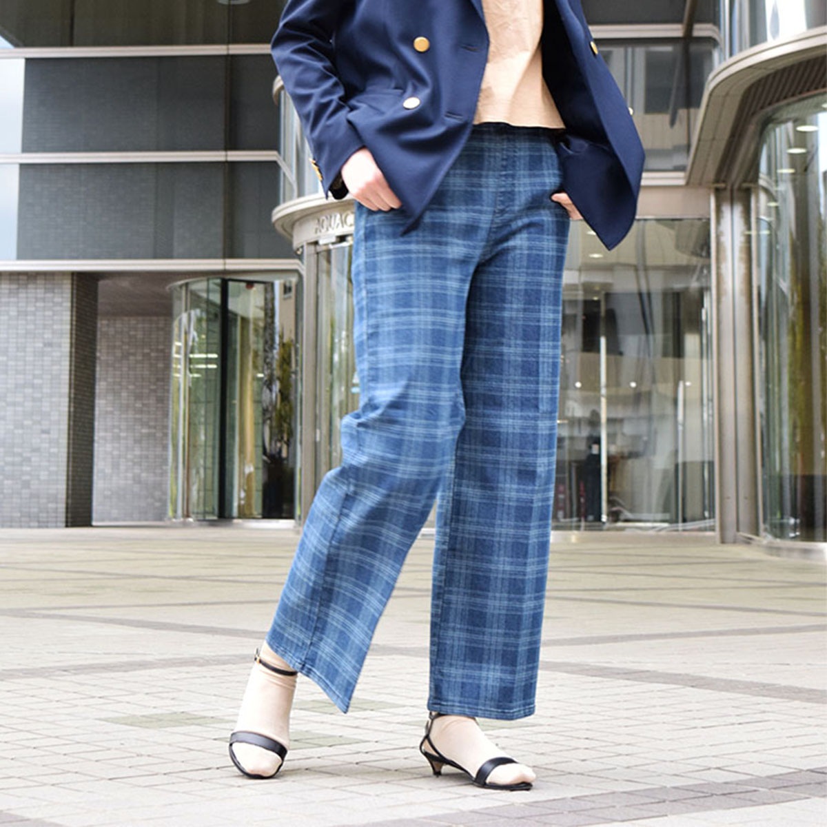 【SALE】【靴下の岡本公式】17℃ レディース パンツ デニムセミワイドチェック