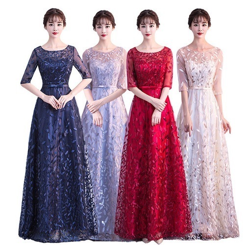 パーティードレス ロングドレス イブニングドレス Vネック 成人式 忘年会 結婚式 フォーマル Aライン 肩出し 五分袖 花柄 レース 大きいサイズ ハイウエスト-138