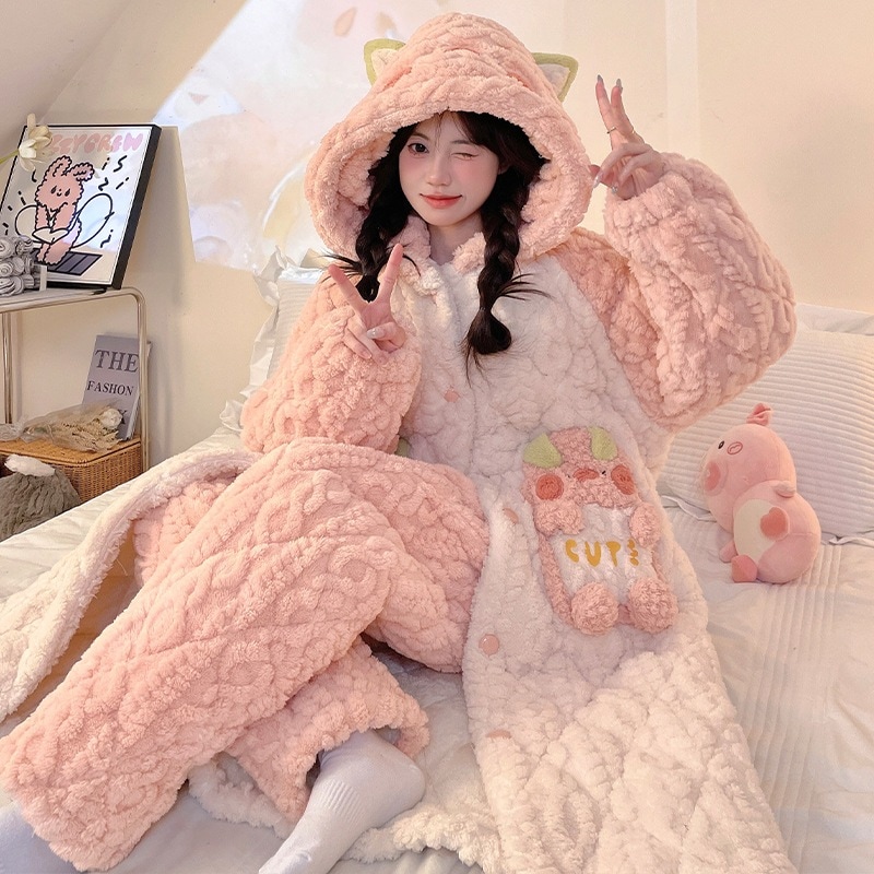 珊瑚絨毯帽スリーパー少女冬2024加絨毯加厚かわいい秋冬部屋着セット