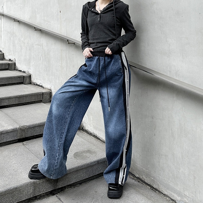 【J.Fashion】 デニムパンツ レースドッキング ジーンズ ロングパンツ レディース ゴム フレア ワイドパンツ 関連商品購入可能 メガ割