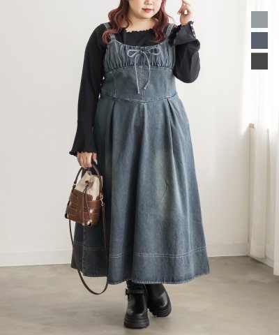 大きいサイズ レディース LL 3L 4L XL XXL XXXL CLETTEオリジナルビスチェ風デニムワンピース