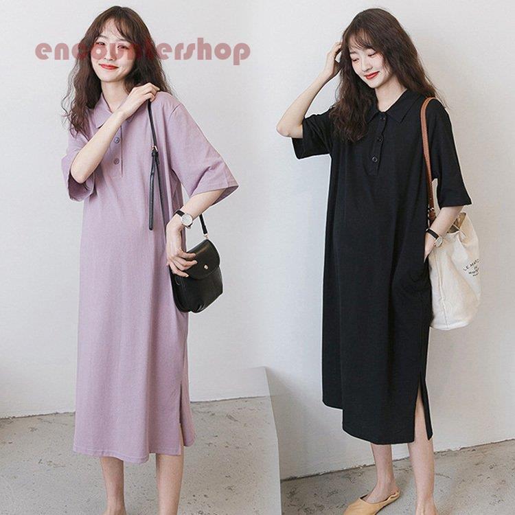マタニティーワンピース レディース 40代 シャツワンピース 春夏新作 半袖ワンピース 折り襟 lロング丈スカート ゆったり妊娠服 母オシャレ カジュアル
