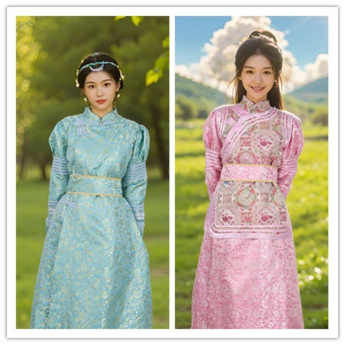モンゴル 伝統　衣装　レディース 　女性　デール　礼服　長袍　民族衣装　模様　舞台　演出　民族　モチーフ　モンゴル風　ドレス　伝統的　優雅　レトロ　復古