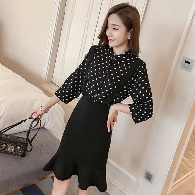 2296.ポルカドットスタンディング襟シフォンシャツブラウス(ブラック) 2019 春夏 新作 大人 かわいい カジュアル シンプル OL 20代 30代 デート服 女子会