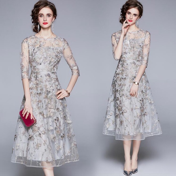 【即納】ワンピース 結婚式　ワンピース 大きいサイズ ワンピース レディース ワンピース 袖あり ドレス パーティードレス 花柄刺繍 ワンピース 演奏会 結婚式 フォーマル 二次会 お呼ばれ 体型カバ