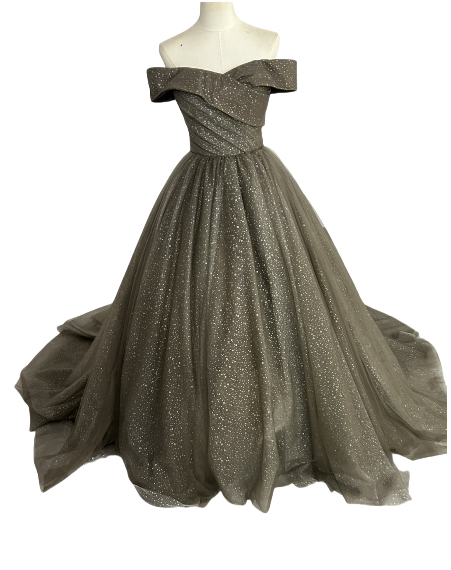 カラードレス カーキ色 オフショルダー キラキラグリッターチュール 編み上げ 二次会